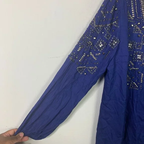 Sundance Beaded Beaded Blouse Size M Blue Long Sleeve Bedazzled - Picture 3 of 7